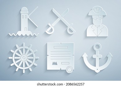 Set Decree, parchment, scroll, Pirate captain, Ship steering wheel, Anchor, Crossed pirate swords and Lighthouse icon. Vector