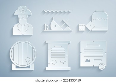 Set Decree, parchment, scroll, Pirate game dice, Wooden barrel, Sunken ship and captain icon. Vector