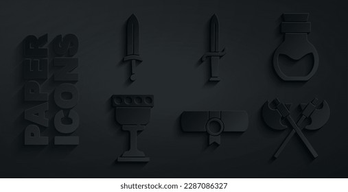 Establecer Decreto, pergamino, pergamino, veneno en botella, goblet medieval, ejes medievales cruzados, Daga e icono de espada. Vector