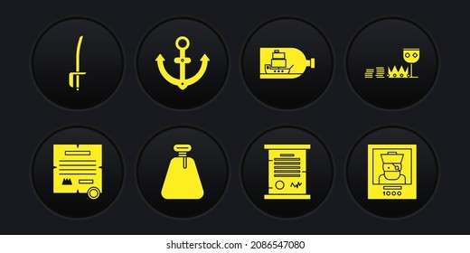 Set Decree, parchment, scroll, Treasure and riches, Pirate sack, Bottle with ship inside, Anchor, Wanted poster pirate and sword icon. Vector