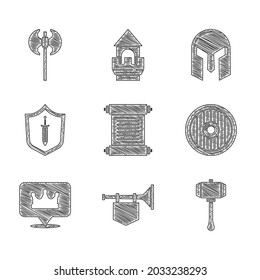 Set Dekret, Perchment, Scroll, Trompete mit Fahne, Hammer, Rundhölzernschild, Platzierungskrone, mittelalterliches Schwert, Eisenhelm und Axt Icon. Vektorgrafik