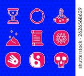 Set Decree, parchment, scroll, Yin Yang, Skull, Pentagram circle, Comet falling down fast, Magic powder, Poison bottle and Medieval goblet icon. Vector