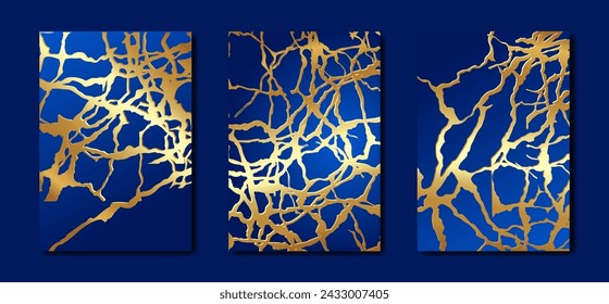 Set deep blue card of marble gold veins. Hand drawn golden ink abstract texture. Lapis lazuli color design for poster, invitation, gift card, coupon, book cover, Banner Vector retro luxury background 