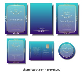 Set of Deep blue sea color Wedding invitation card and gold ornaments frame decoration.Vector/Illustration