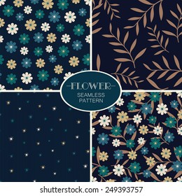 Set of deep blue vector seamless patterns with stylized flowers 