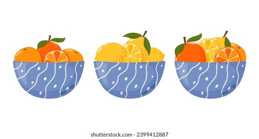 Juego de cuencos profundos con naranja y limón. Frutas de cítricos saludables, enteras y rebanadas. Ilustración vectorial en estilo plano de caricatura.