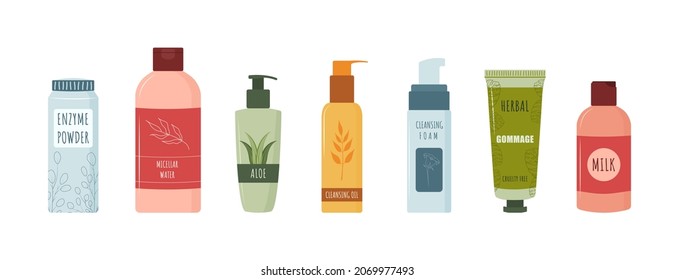 Set of deep cleansing cosmetics. Skin care. Morning routine. Face makeup removal. Hand drawn beauty product. Vector illustration in flat cartoon style.