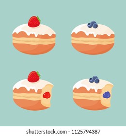 Set Of Deep Fried Cute Yummy Donuts (doughnuts) Without Holes With Strawberries, Blueberries, Icing On Top, With Missing Bites And Berry Jelly Filling, Isolated On Background. Vector Illstration.