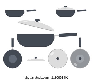 Set von Tiefgarage-Ikone Video Vektorgrafik. Küchen tiefe Bratpfannen signieren flaches Vektordesign. Tiefe Bratpfanne mit und ohne Deckel Symbol. Stainless pan cartoon Clip Art. Kochkonzept