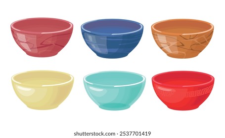 Conjunto de platos profundos con un hermoso patrón en un estilo de dibujos animados. Ilustración vectorial de platos de diferentes colores, cuencos de sopa profundos, ensaladeras con patrones, aislados sobre fondo blanco. Utensilios de cocina.