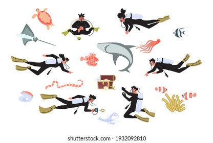 Set of deep and scuba diving people and underwater animals. Men and women divers among fishes and treasure chest. Flat Art Vector illustration