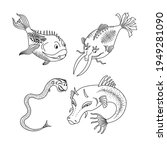 Set deep sea creatures. Illustration with fantastic marine dangerous fish with sharp teeth and thorns. Isolated over white background. For banners, postcards, kids parties, textiles, T-shirts. Vector.