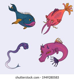 Set deep sea creatures. Illustration with fantastic marine dangerous fish with sharp teeth and thorns. Isolated over white background. For banners, postcards, kids parties, textiles, T-shirts. Vector.