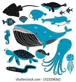 Set Of Deep Sea Creatures Sketches. Hand Drawn Vector Illustration. Outline With Transparent Background