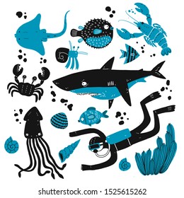 Set of deep sea creatures sketches. Hand drawn vector illustration. Outline with transparent background	