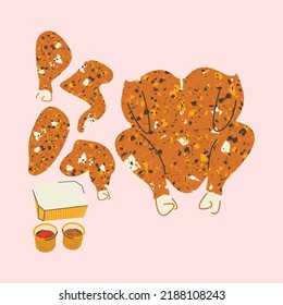 Set of deep-fried chicken. Legs, wing, fillet. Lunch box and sauces. Vector illustration, print, design