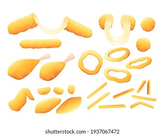 Set of deep-fried fast food cheese sticks onion rings french fries and roasted chicken vector illustration isolated on white background