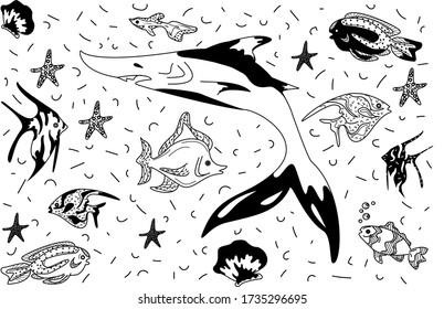 Set of deep-sea fish, sharks and crab in the chart