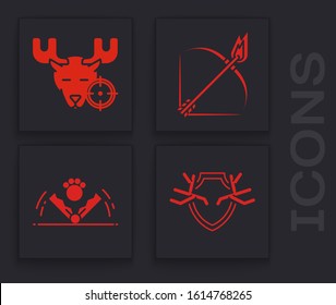 Set Deer antlers on shield, Hunt on moose with crosshairs, Bow and fire arrow and Trap hunting icon. Vector