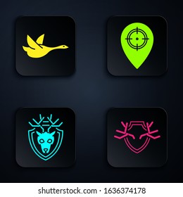 Set Deer antlers on shield, Flying duck, Deer head with antlers on shield and Hunt place. Black square button. Vector