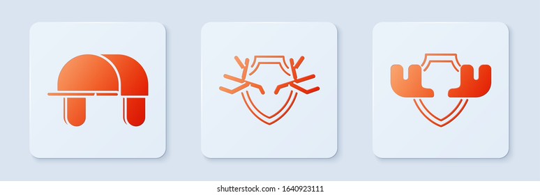 Set Deer antlers on shield, Hunter hat and Moose horns on shield. White square button. Vector