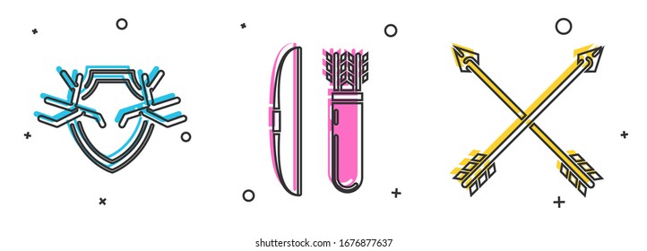 Set Deer antlers on shield, Bow and arrow in quiver and Crossed arrows icon. Vector