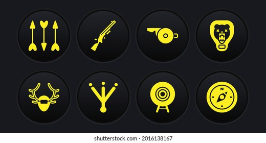 Ponga los cánticos de ciervo en el escudo, la cabeza del oso, la huella de pájaro, el deporte objetivo, el silbido, la escopeta, la brújula y el icono de flechas de hipster. Vector