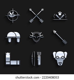 Set Deer antlers on shield, Bow and arrow in quiver, Hunting dog, Hipster, Cartridges, Hunter hat, Trap hunting and duck with crosshairs icon. Vector