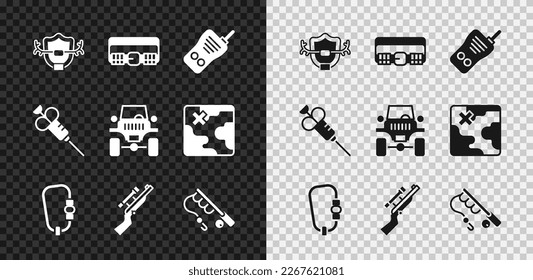 Set Deer antlers on shield, Hunting cartridge belt, Walkie talkie, Carabiner, Sniper rifle with scope, Fishing rod, Syringe and Off road icon. Vector