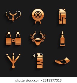 Set Deer antlers on shield, Pepper spray, Hunting horn, Bullet, Bird footprint, Binoculars, Lighter and Slingshot icon. Vector