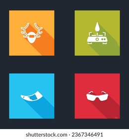 Set Deer antlers on shield, Camping gas stove, Hunting horn and Glasses icon. Vector