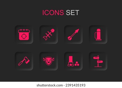 Set Deer antlers on shield, Dead fish, Target sport, Cartridges, Thermos container, Road traffic sign, Medieval arrow and Wooden axe icon. Vector