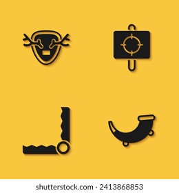 Ponga las coronas de ciervo en el escudo, el cuerno de caza, la caza de trampas y el icono deportivo de destino con sombra larga. Vector