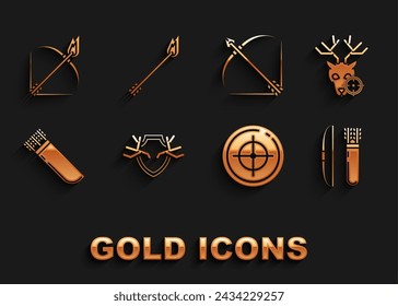 Set Deer antlers on shield, Hunt deer with crosshairs, Bow and arrow in quiver, Target sport for shooting competition, Quiver arrows, fire and Flame icon. Vector
