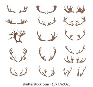 Set of deer antlers. Silhouettes of deers isolated on white background. Hand drawn vector illustration.