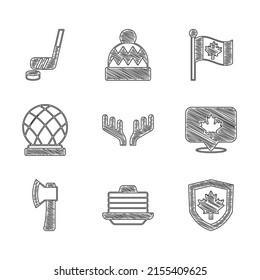 Set Deer Antlers, Stack Of Pancakes, Canada Flag On Shield, Canadian Maple Leaf, Wooden Axe, Montreal Biosphere, Flag And Ice Hockey Stick And Puck Icon. Vector