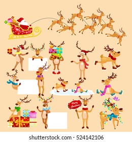 set of deer with banner isolated, happy winter xmas holiday animal greeting card, Santa in his Christmas sled being pulled by reindeer