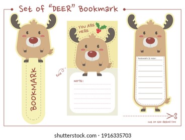 Set of deer bookmark for print and cut. Cute reindeer bookmark and paper note printable vector design. 