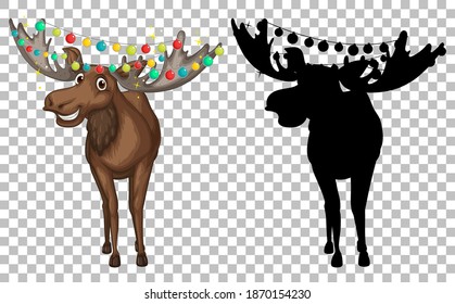 Set of deer cartoon and and its silhouette illustration