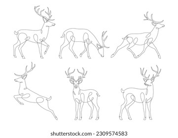 Set of deer in continuous line art drawing style. Continuous line drawing collection of deer. Deer in abstract and minimalist linear icon set. Vector illustration