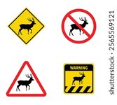 Set of deer crossing traffic sign. Vector illustration of yellow triangle warning sign and white cirle warning sign with deer icon inside. Wild forest animals likely to be in road ahead. Caution deer.