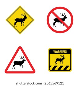 Set of deer crossing traffic sign. Vector illustration of yellow triangle warning sign and white cirle warning sign with deer icon inside. Wild forest animals likely to be in road ahead. Caution deer.