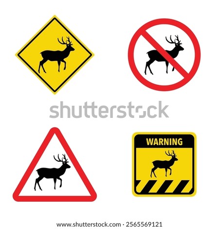 Set of deer crossing traffic sign. Vector illustration of yellow triangle warning sign and white cirle warning sign with deer icon inside. Wild forest animals likely to be in road ahead. Caution deer.