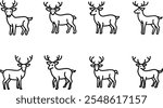 Set of deer doodle collection, deer outline coloring page or book animals for kindergarten, Vector line art set of animals wildlife, Hand drawn, Minimal deer line art doodle in different pose.