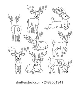 Set of deer doodle collection, deer outline coloring page or book animals for kindergarten, Vector line art set of animals wildlife, Hand drawn, Minimal deer line art doodle in different pose.