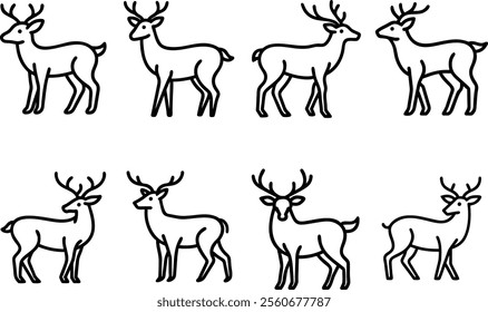 Set of deer doodle collection, deer outline coloring page or book animals for kindergarten, Vector line art set of animals wildlife, Hand drawn, Minimal deer line art doodle in different pose.