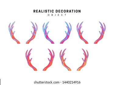 Set of deer and elk antlers with gradient holographic color of holograms. Decorative design elements. Realistic shape 3d objects. vector illustration isolated on white background