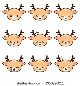 Set of Deer emoticons with different expressions. Emoji faces. Simple cartoon vector illustration