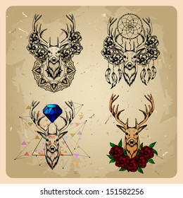 set Deer with flowers and dream catcher and flowers