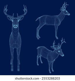 Set of deer frames made of black lines isolated on dark background. Side, front and isometric views. 3D.